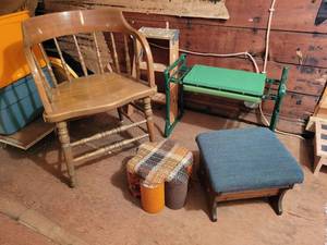 lot 89 image: Vintage Stools, Wood Chair, Folding Metal Chair and 24 Stepladder - NO SHIPPING