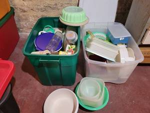 lot 98 image: (2) Totes Full of Vintage Kitchen Items - Tupperware, Ovaltine Shaker and More - NO SHIPPING
