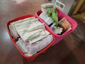 lot 103 image: (2) Totes Full of Dcor, Towels, Kitchen Flour Sack Towels and More - NO SHIPPING