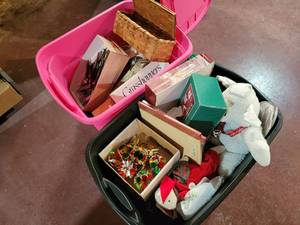 lot 104 image: (2) Totes Full of Christmas Dcor, Table Cloths, Silverware and More - NO SHIPPING