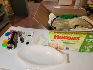 lot 106 image: Wilton Cookie Pro Cookie Press, Embroidered Flour Sack Towels and Vintage GLASBAKE Milk Glass Dish (18 Long) - NO SHIPPING