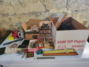 lot 109 image: Vintage Pickett Slide Rule in Case, Lufkin Tape Measure, Wallets, Caterpillar Badge, Mens ring, Beer Stein, Shot Glasses, Rocketfish Headphones and More -