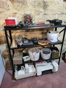 lot 114 image: Steel Shelf w Tools, Hardware and More - Blackhawk nuggies socket Set, 14 Snap-On Ratchet, Power Sander, Saws, Drill, Toolbox and More - NO SHIPPING