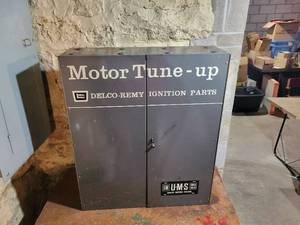 lot 119 image: Vintage Steel DELCO-REMY Ignition Parts Cabinet - NO SHIPPING