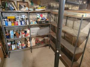 lot 127 image: (2) Metal Shelves w Contents - Painting Supplies, Paint, Cleaners, Heater, Mailbox, Sandpaper and More - NO SHIPPING