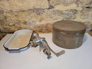 lot 135 image: Keystone #30 Food Grinder, Dough Raising Tin and Enamel Pan