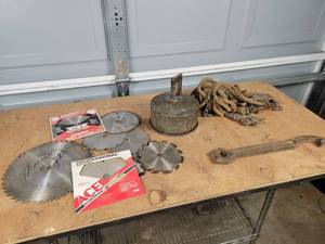lot 256 image: Circular Saw Blades (6 and Up), Galvanized Steel Funnel, Block & Tackle and Antique Wrench