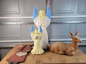 lot 277 image: (2) Blow Mold Angels (30 & 18), Plastic Lawn Deer and Wood Angel Dcor (26) - NO SHIPPING