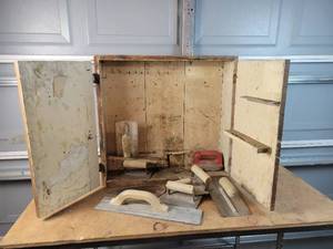 lot 281 image: Wall Hanging Tool Cabinet w Assorted Trowels and More - NO SHIPPING