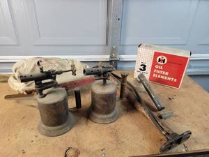 lot 294 image: (2) Antique Brass Torches, Bicycle Pump, IH Filter Box and More