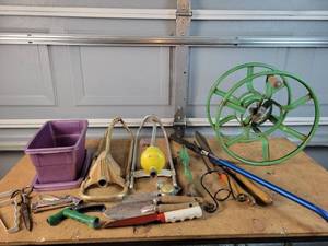 lot 297 image: Vintage Lawn Sprinklers (Craftsman and Nelson), Hose reel, Garden Tools and More - NO SHIPPING