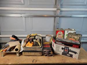 lot 298 image: Large Lot of Painting Supplies, Thinner, Sander and Sandpaper - NO SHIPPING