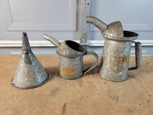 lot 323 image: Vintage Galvanized Oil Cans - (1) 2 Quart, (1) 1 Quart and Funnel - NO SHIPPING