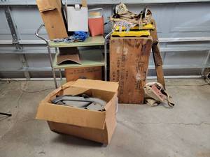 lot 373 image: Large Lot of Misc. Crate, Planter, Seed Spreader, Rolling Cart, Garage Supplies and More - NO SHIPPING