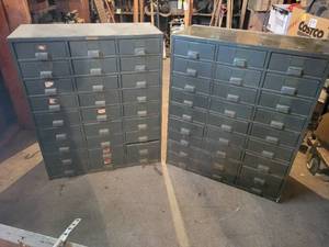 lot 7A image: (2) Vintage HOBART Steel Parts Cabinets - Each has 27 Drawers - Empty - NO SHIPPING