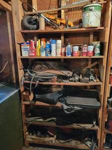 lot 384 image: Contents of (6) Shelves - Garage Supplies, Steel, Blades, Parts and More - NO SHIPPING