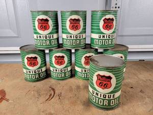 lot 397 image: (8) Vintage PHILLIPS 66 Unique SAE 40 1 Quart Motor Oil Cans - Cans are Steel and each is full - NO SHIPPING