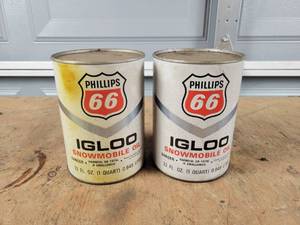 lot 398 image: (2) Vintage PHILLIPS 66 IGLOO Snowmobile  1 Quart Motor Oil Cans -Each Can is full - NO SHIPPING