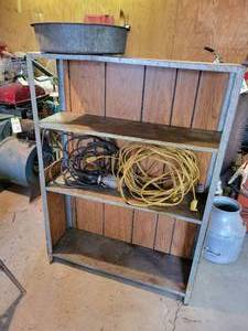 lot 410 image: Metal Shelf w Extension Cords and Galvanized Steel Oil Pan - NO SHIPPING