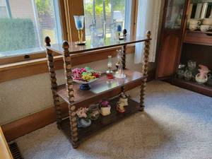 lot 17 image: Vintage 3-Tier Shelf with Contents - Glass Angels, Oil Lamps and More - NO SHIPPING