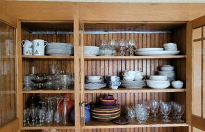 lot 18 image: Contents of Upper 3 Shelves on Hutch - Crystal Stemware, Fiesta Ware, Mikasa Fine China and More - NO SHIPPING