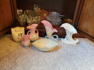 lot 21 image: Contents in Bottom of Hutch - Frankoma, Hull, Redwing, Purinton, Glass Serving Pieces and More - NO SHIPPING