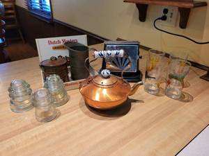 lot 45 image: Vintage Kitchen Items - Copper Tea Pot, Small Copper Container, Toaster, and MORE