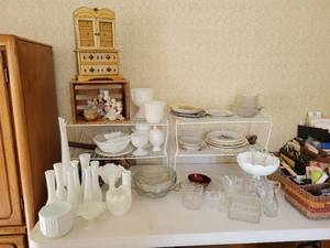 lot 47 image: Large Assortment of Glassware, Milk Glass, CollectorDecorative Plates, and MORE NO SHIPPING