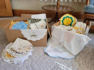 lot 51 image: Two Boxes FULL of Doilies, Place Mats, Table Runners, Linens, and MORE
