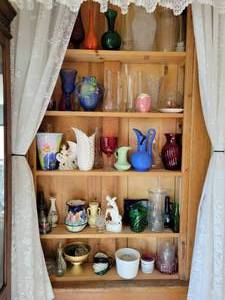 lot 60 image: Shelves of Glassware, Pottery, Vases, and MORE Includes Red Wing, Roseville. NO SHIPPING