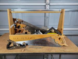lot 152 image: Vintage Wood Carpenters Toolbox w Saws, Wards Master Plane, Electric Drill and More - NO SHIPPING