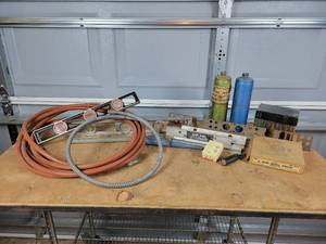 lot 155 image: Air Hose, Mini-Mill Brackets, Propane Cylinders (1 is Empty), 6 Wire Wheel Brush, Stanley Level and J. Sand & Sons Aluminum Level - NO SHIPPING