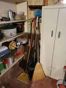 lot 182 image: Lot of Brooms, Mops, Contents of Cabinet, and MORE NO SHIPPING