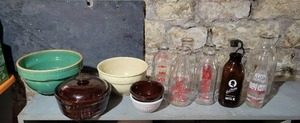 lot 183 image: Lot of Milk Bottles, Beverage Bottles, Vintage Stoneware Baking & Cooking Bowls & Containers - NO SHIPPING