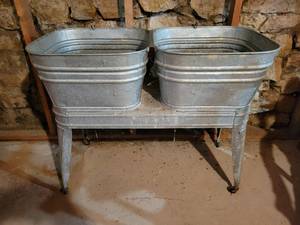 lot 197 image: Pair of Square Galvanized WHEELING Wash Tubs on Galvanized Stand - Complete with Hoses NO SHIPPING