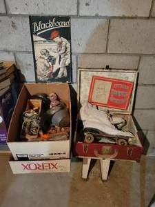 lot 198 image: Lot of Vintage Roller Skates in Case, OLD Wind-Up Monkey Toy, Clocks, and MORE NO SHIPPING