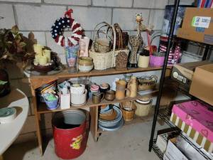 lot 338 image: Homemade Storage Shelf with Large Assortment of Home Dcor, Planters, Pottery, and MORE NO SHIPPING