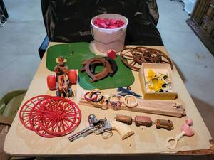 lot 348 image: Large Lot of Vintage Toys - Horseshoe Game, American Blocks Building Blocks, Wagon Wheels, Cap Gun, and MORE