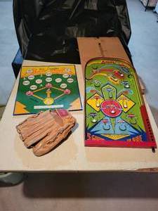 lot 349 image: Lot of Baseball-Themed Items - Baseball Glove, SAFE-T-DART Big League Baseball Magnetic Dart Board, POOSH-M-UP 5 in 1 Baseball Bagatelle Put-N-Take Twenty-One Bagatelle Board