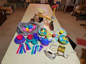 lot 353 image: Vintage Toys - CHEIN Tin Tops, Ride-On Scooter, Blocks, Plastic Dish Set, and MORE