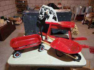 lot 354 image: Large Vintage Suitcase, Rocking Horse, Doll-Sized Radio Flyer Wagon and Wheelbarrow - NO SHIPPING