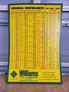 lot 415 image: Williams Plastic Decimal Conversion Poster  Tap Drill Sizes - Approx. 25 x 17 - NO SHIPPING