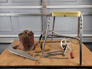 lot 424 image: Vintage Gas Can, Small Brooms, Bicycle Parts, Stool, Lead Bars and More - NO SHIPPING