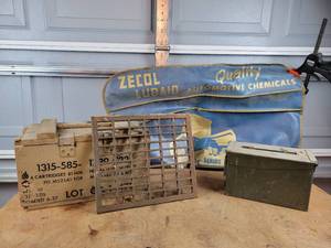 lot 425 image: Cast Iron Floor Grate (15 x 13), Ammo Crate w Copper Wire, Clamp, Ammo Box and Vintage ZECOL Fender Protector - NO SHIPPING