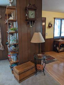 lot 32 image: Beautiful New England Clock Company Wall Clock, Side Table with Lamp, and MORE NO SHIPPING