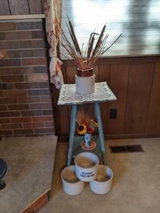 lot 35 image: Small Blue Square Table with Crocks - NO SHIPPING