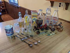 lot 38 image: Cast Iron Fire Truck Toy, Silver Plated & Collector Spoons, Marigold Milk Bottles, and MORE NO SHIPPING