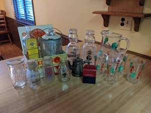 lot 39 image: Lot of Marigold Dairy Bottles, Silver Plated Tea Server, Cast Iron Bank, Cigar Boxes, and MORE NO SHIPPING