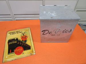 Coke Sign & Vintage Milk Cooler