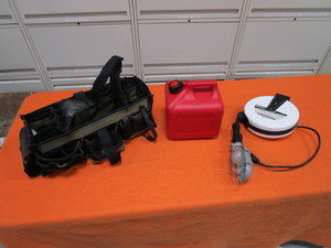 (New) Tool Bag, Gas Jug, Light Reel